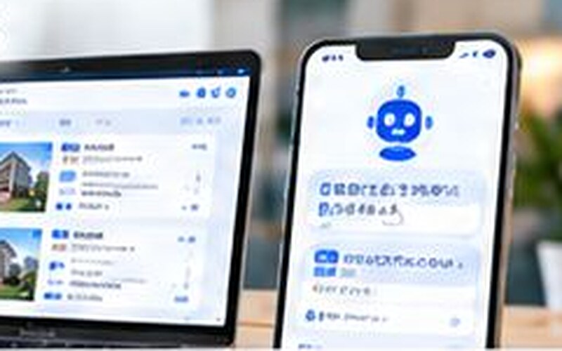 物件管理画面を表示したノートPCと、AIのチャット画面を表示したスマートフォン