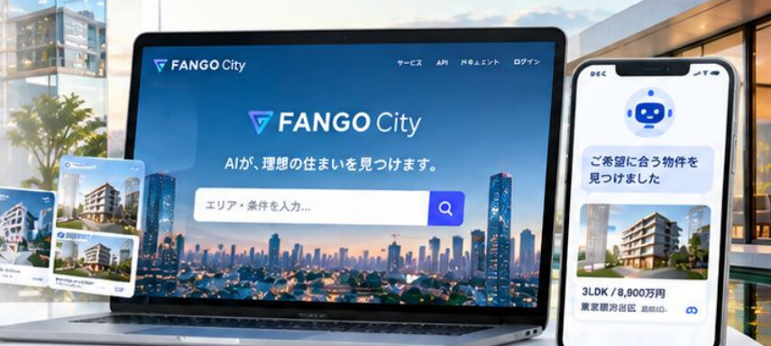 FANGO Cityの検索画面と、AIが提案した物件を表示した端末